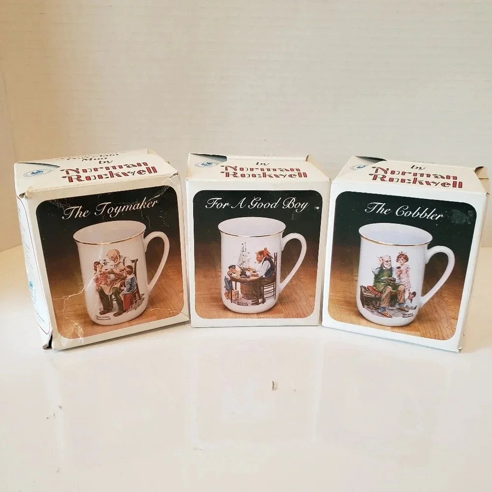 Vintage Set of 3 Norman Rockwell Porcelain Collectable Coffee Mugs.